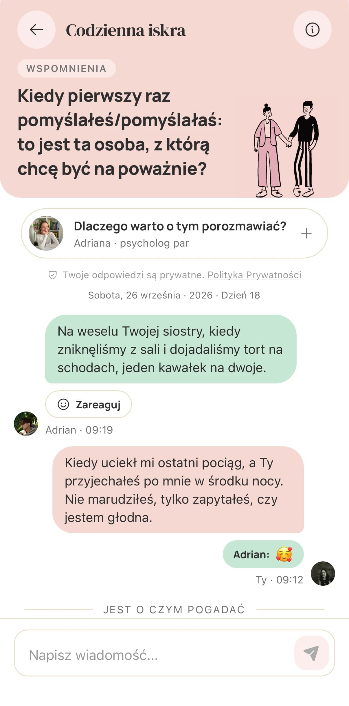 Codzienna iskra po odsłonie: dwie dłuższe odpowiedzi i komentarz Adriany Guściory, psycholog par